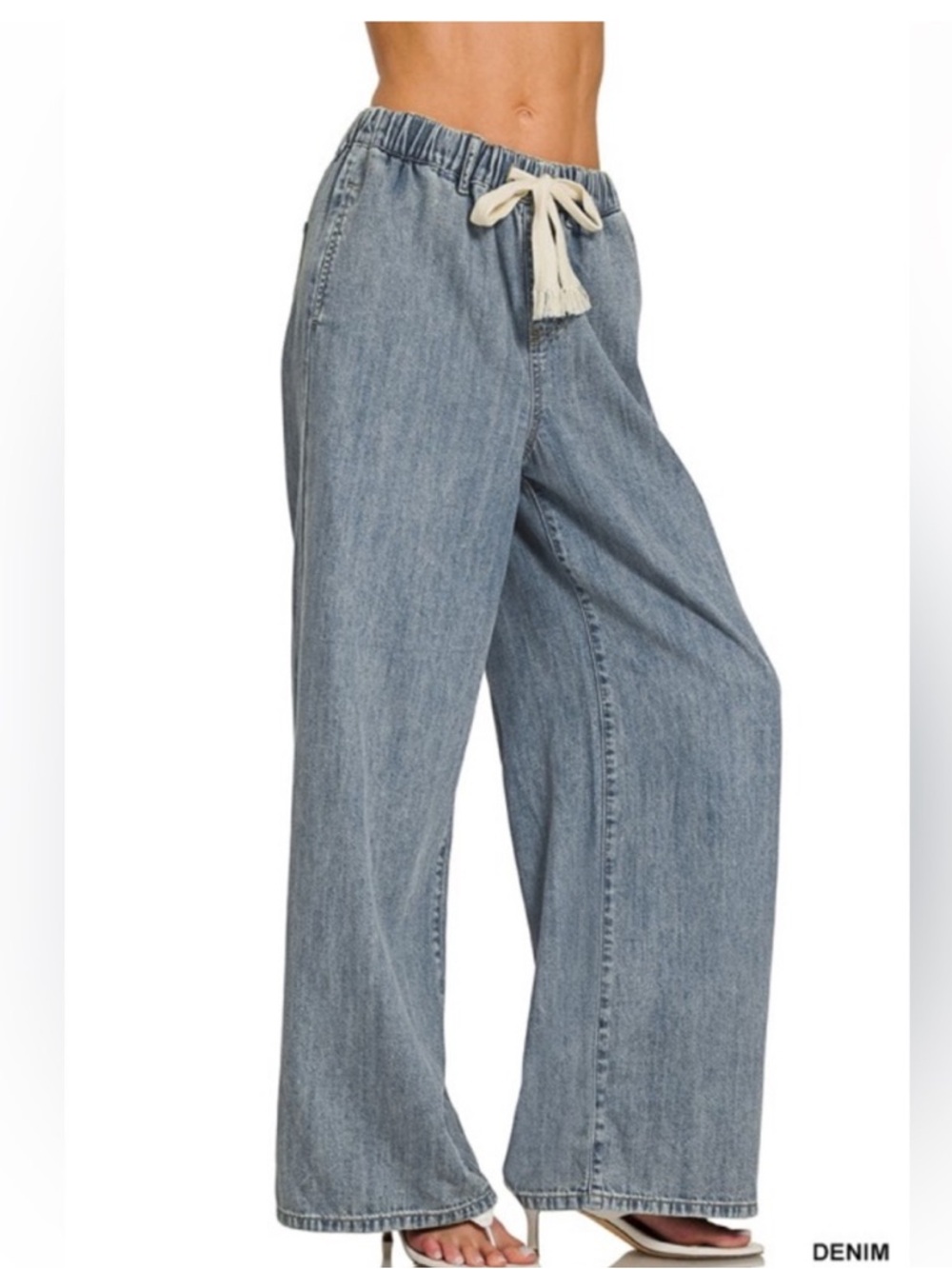 Zenana Wide Leg Denim Pants Drawstring Elastic Waist High Rise Small NWT